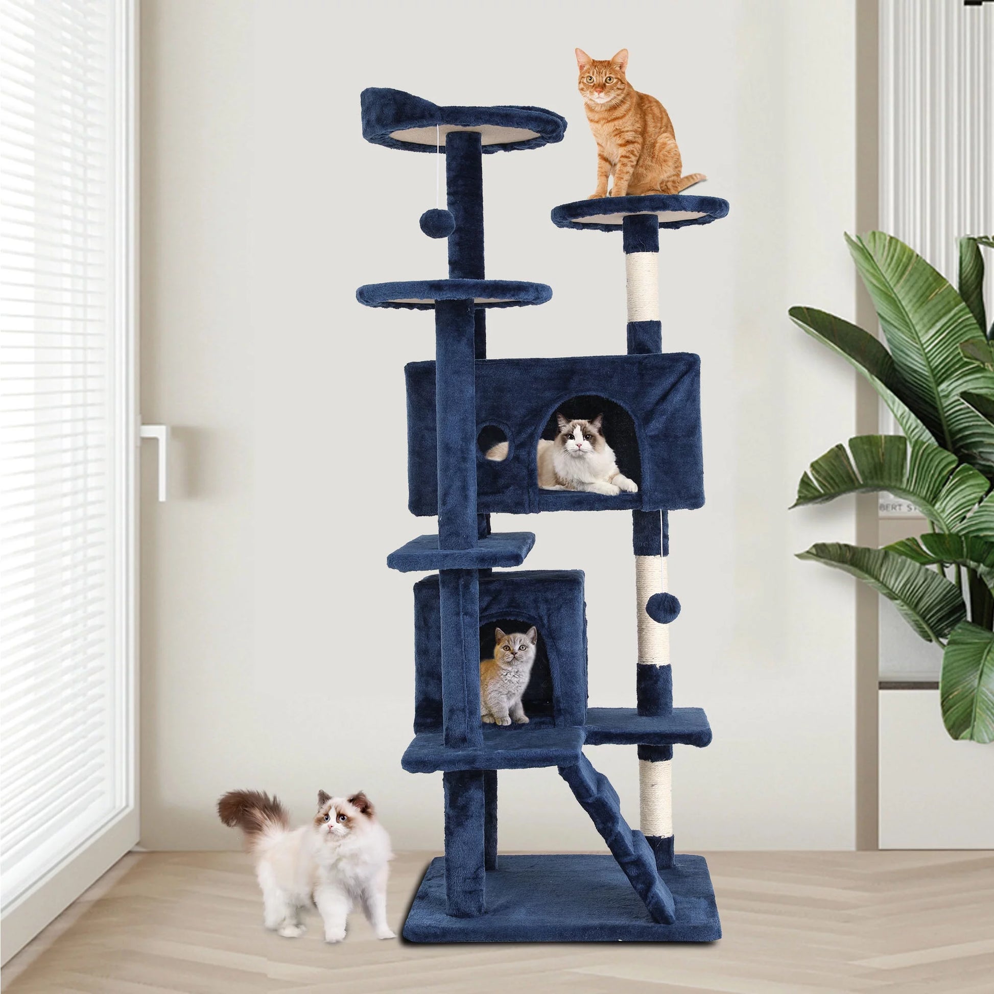 54-Inch Double Condo Cat Tree Tower with Scratching Post and Perch for Indoor Use, Navy Blue