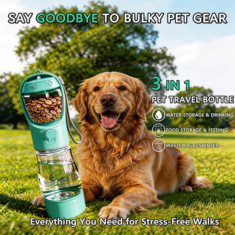 3-in-1 Portable Pet Water Bottle with Integrated Poop Bag Dispenser - 20 Oz Leak-Proof Container for Travel and Outdoor Activities