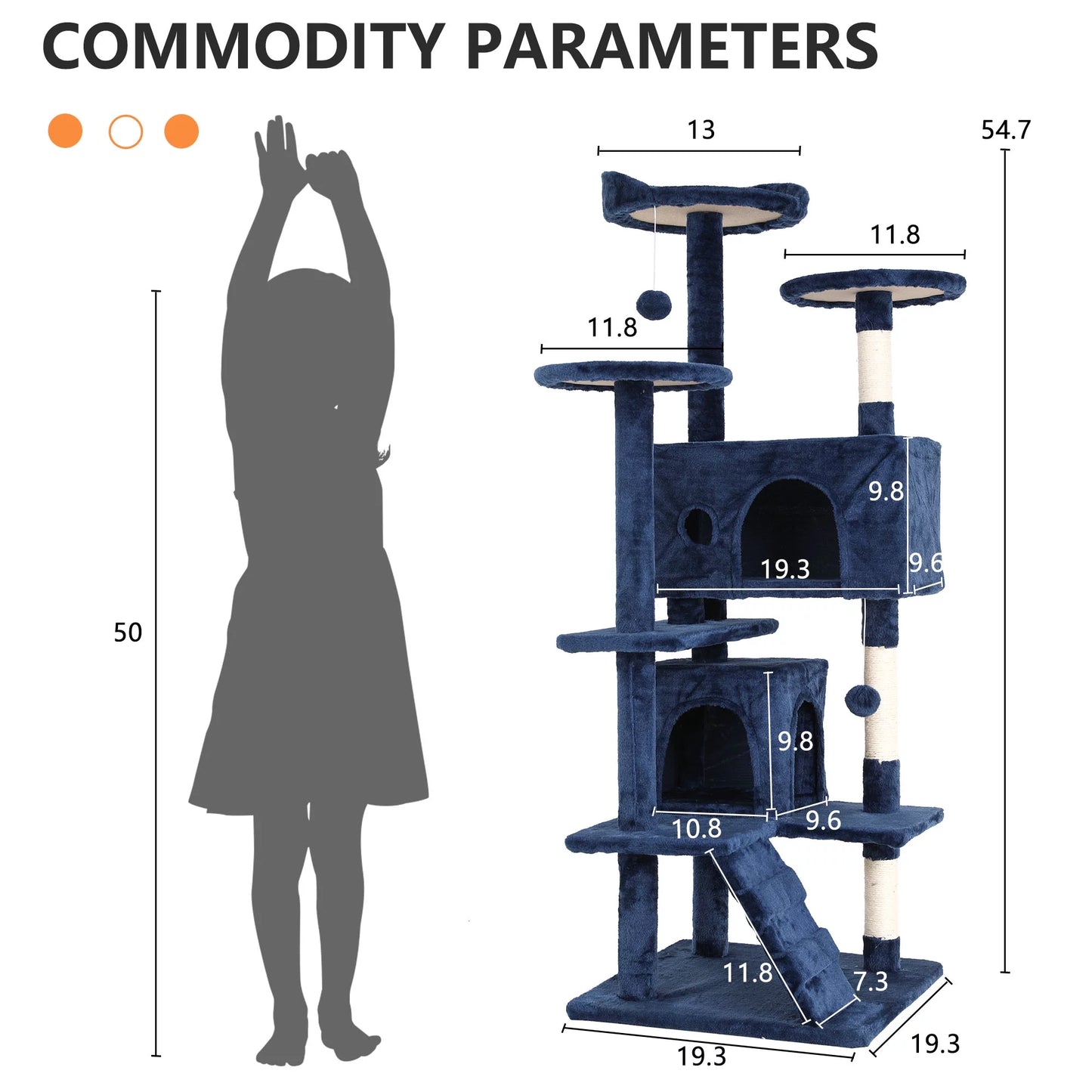 54-Inch Double Condo Cat Tree Tower with Scratching Post and Perch for Indoor Use, Navy Blue