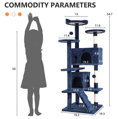 54-Inch Double Condo Cat Tree Tower with Scratching Post and Perch for Indoor Use, Navy Blue