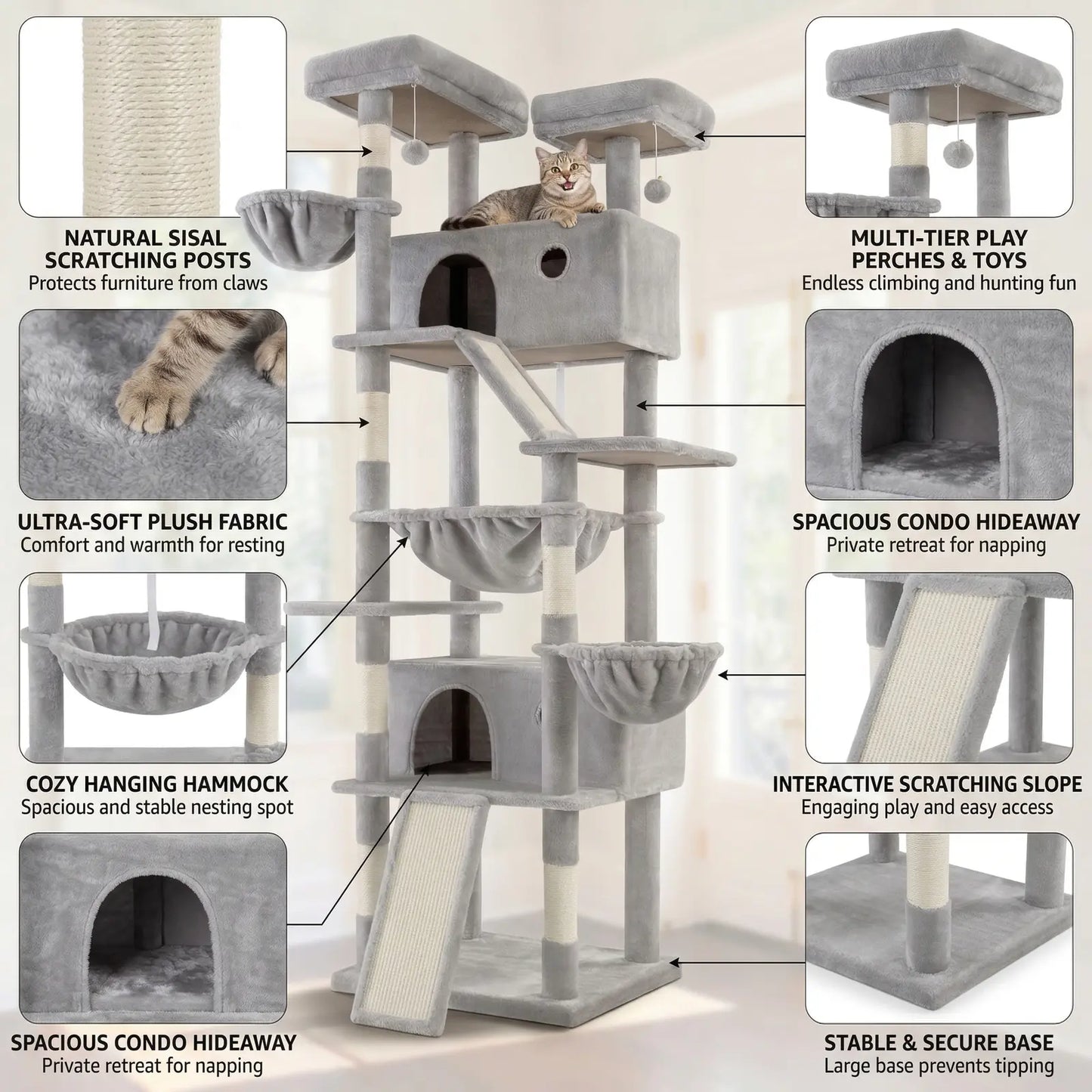 HOOMIC 81-Inch Large Cat Tree Tower - Multi-Level Climbing Structure with Condo, Hammock, and Scratching Post, Stable Base for Larger Cats, Available in Various Colors