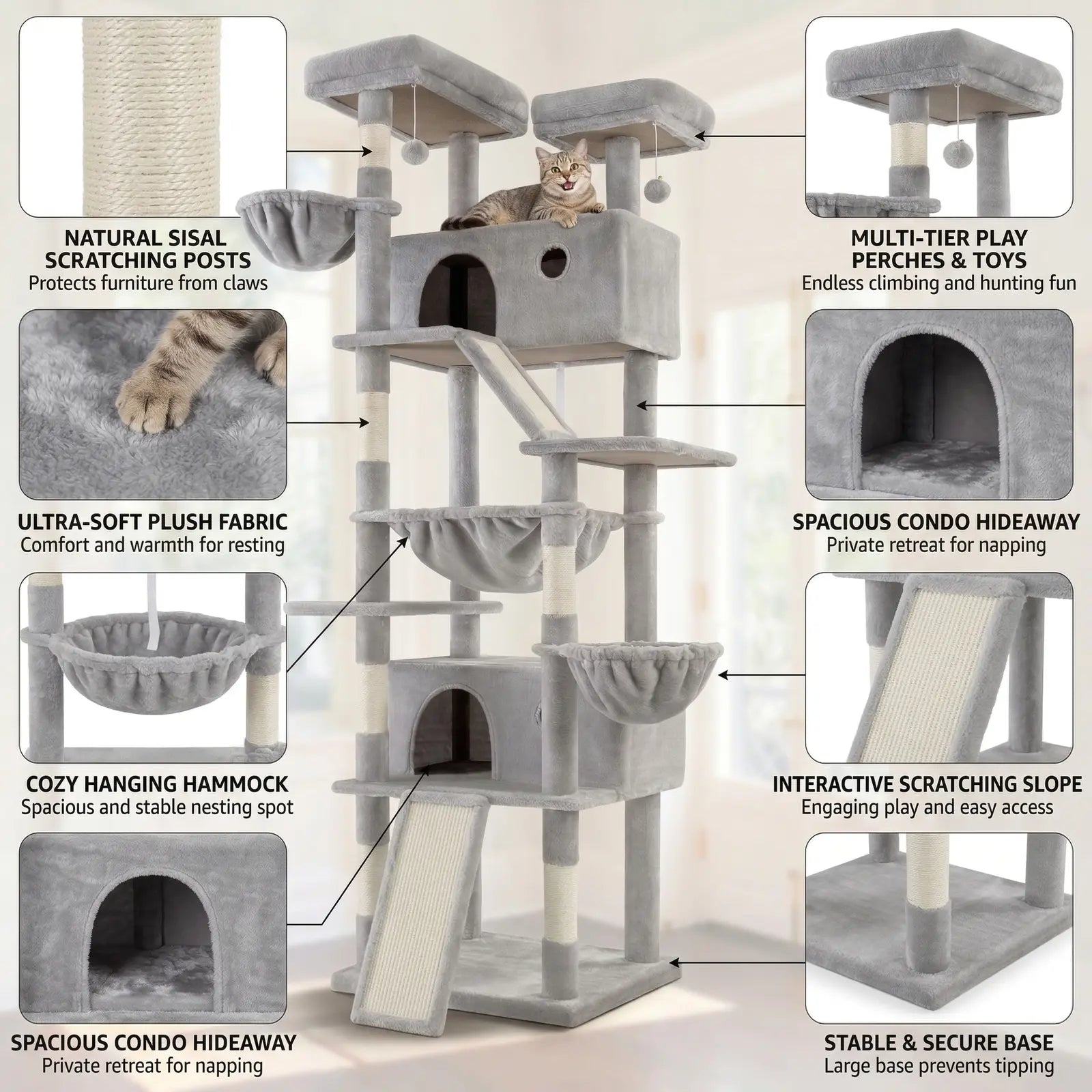 HOOMIC 81-Inch Large Cat Tree Tower - Multi-Level Climbing Structure with Condo, Hammock, and Scratching Post, Stable Base for Larger Cats, Available in Various Colors