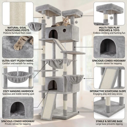 HOOMIC 81-Inch Large Cat Tree Tower - Multi-Level Climbing Structure with Condo, Hammock, and Scratching Post, Stable Base for Larger Cats, Available in Various Colors