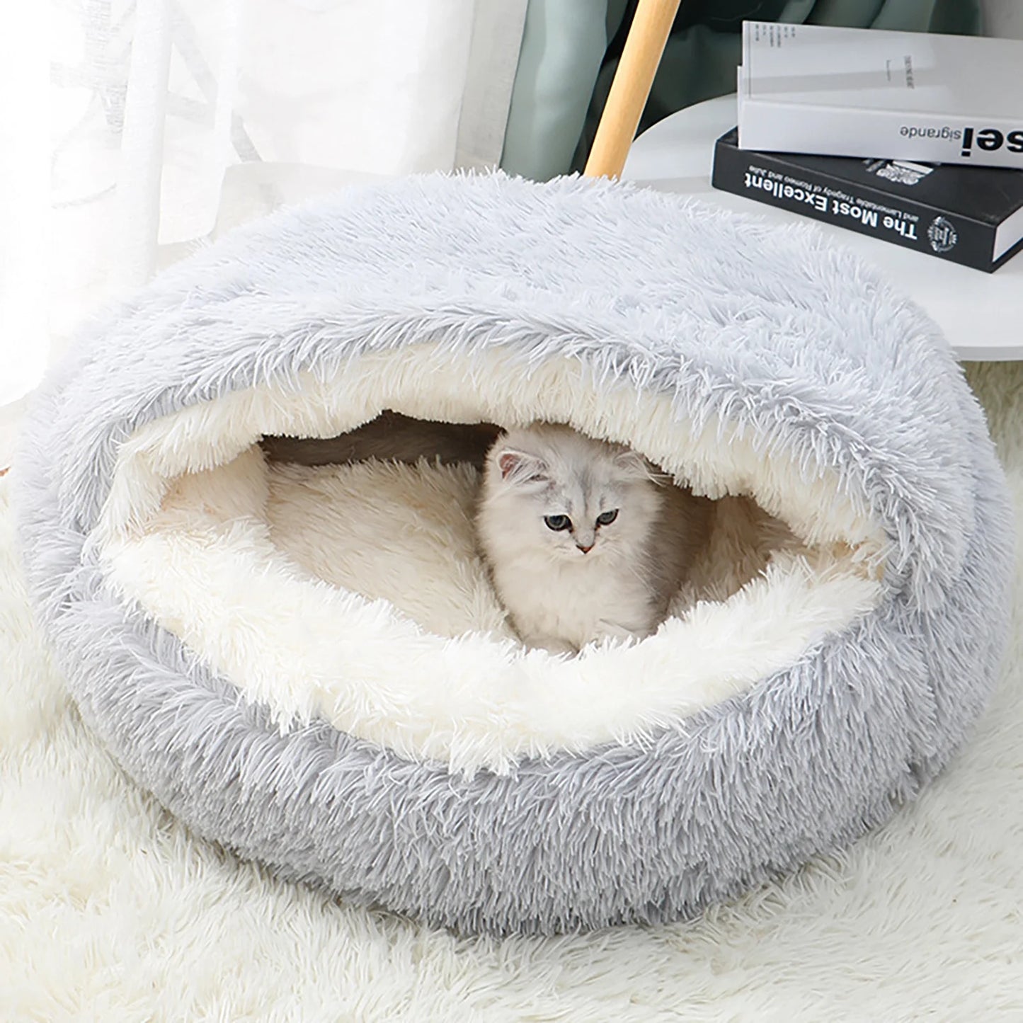 Calming Hooded Pet Bed for Dogs and Cats, Removable and Washable Round Design, Anti-Slip Faux Fur for Enhanced Comfort, Suitable for Small to Medium Pets up to 11 lbs