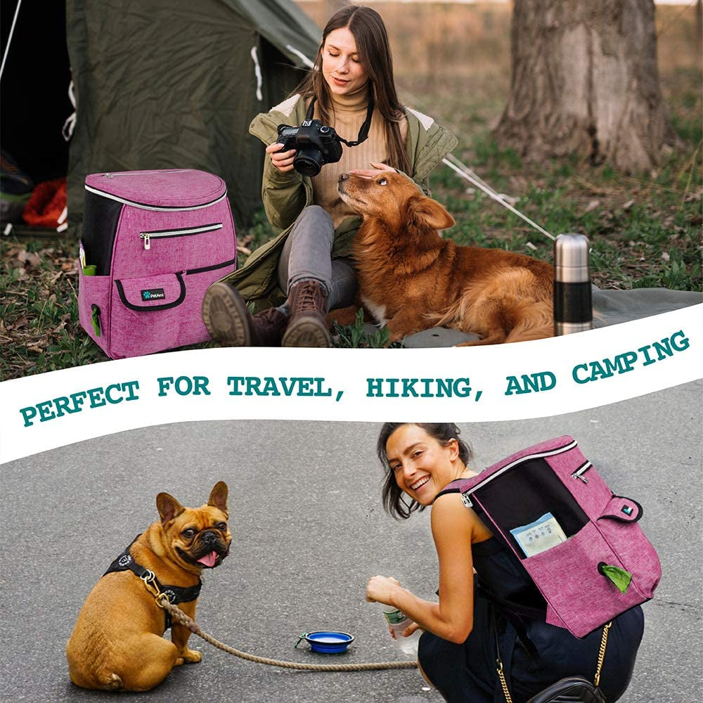 Airline-Approved Dog Travel Backpack with Food Container and Collapsible Bowls - Essential Camping and Hiking Accessories for Pet Owners, Pink
