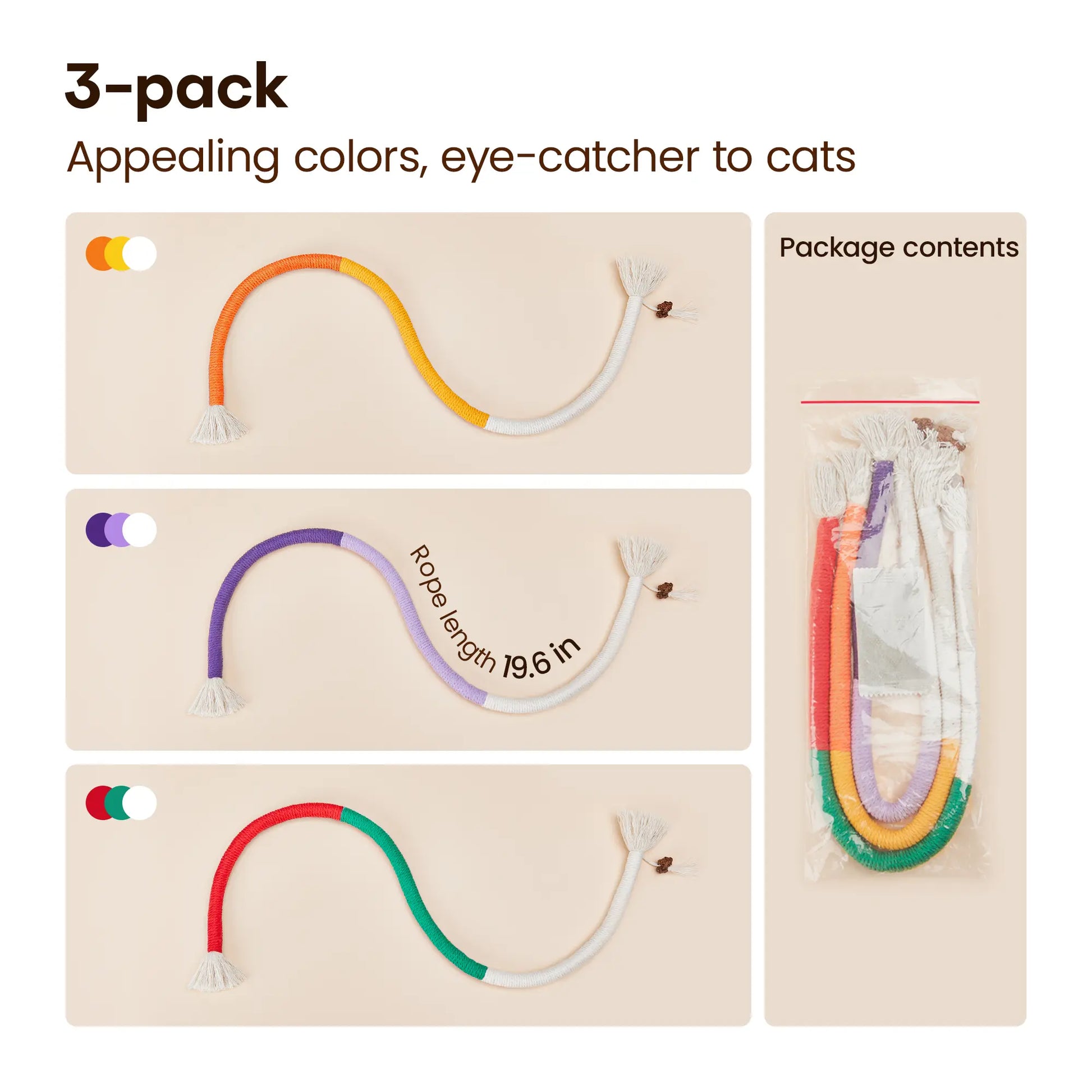 Potaroma 3-Piece Interactive Cat Chew Rope Toys for Safe Dental Care and Calming for Indoor Kittens