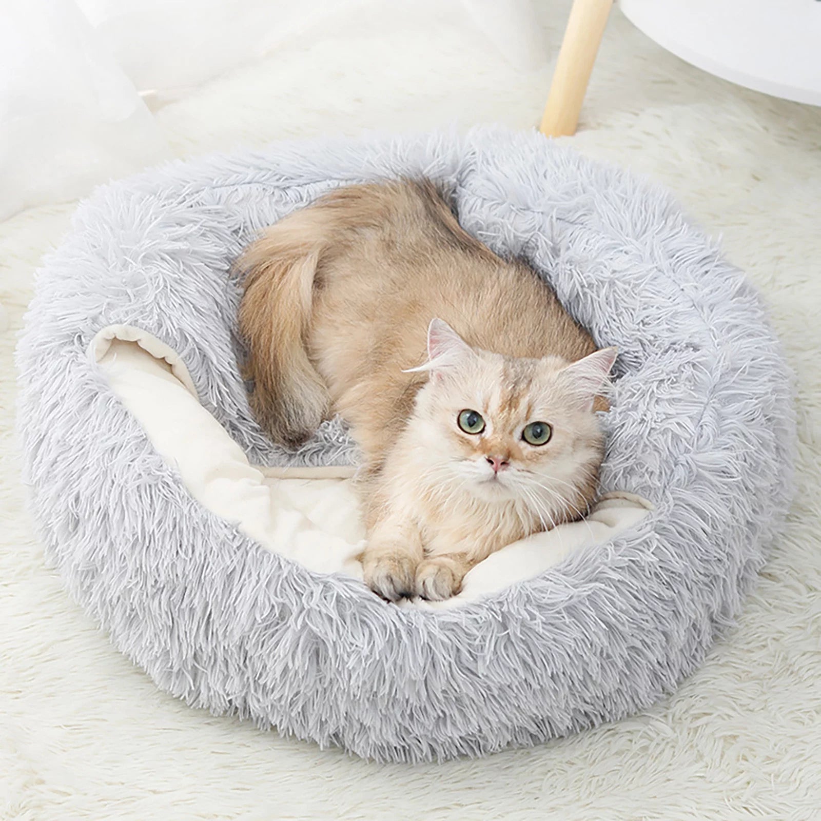 Calming Hooded Pet Bed for Dogs and Cats, Removable and Washable Round Design, Anti-Slip Faux Fur for Enhanced Comfort, Suitable for Small to Medium Pets up to 11 lbs
