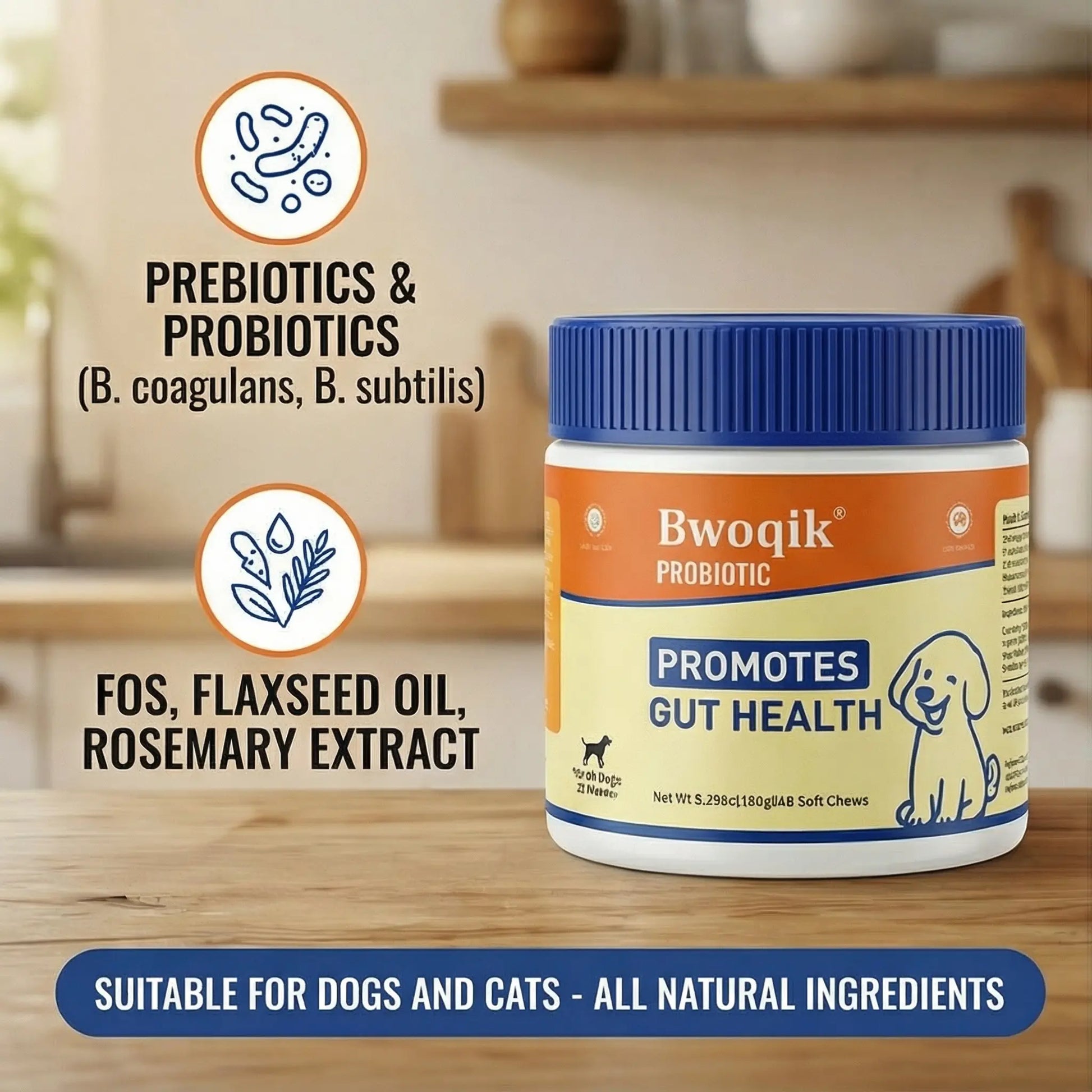BWOQIK Pet Probiotics for Dogs and Cats - Omega-Enriched Supplement for Enhanced Digestive Health and Gut Wellness