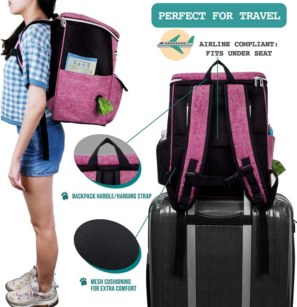 Airline-Approved Dog Travel Backpack with Food Container and Collapsible Bowls - Essential Camping and Hiking Accessories for Pet Owners, Pink