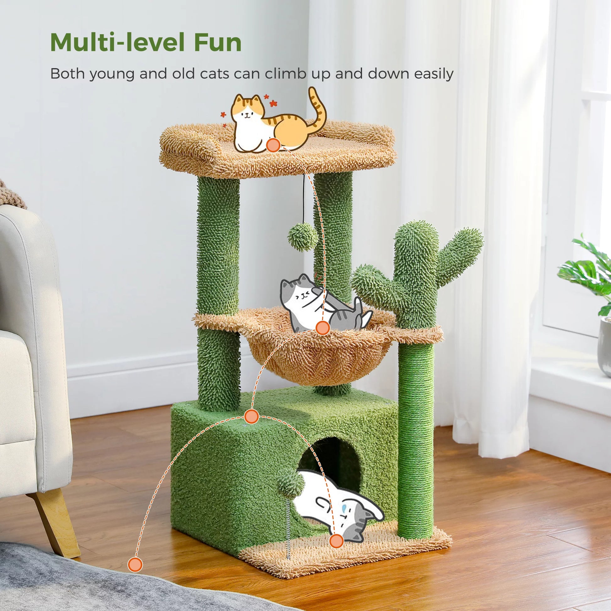 Cactus-Themed 33" Cat Tree with Scratching Posts, Spacious Top Perch, and Hammock for Medium Indoor Cats in Green