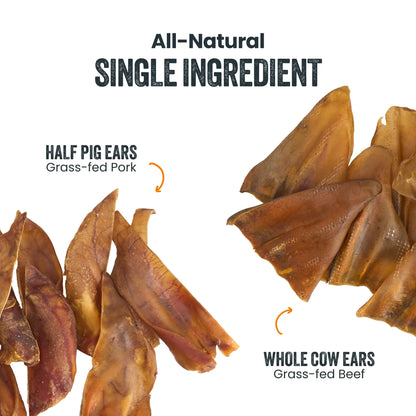 Mighty Paw Natural Ear Chews Bundle - Premium Grass-Fed Cow and Half Pig Ears for Dogs, Grain-Free Dental and Joint Support Treats, High Protein Options for All Breeds