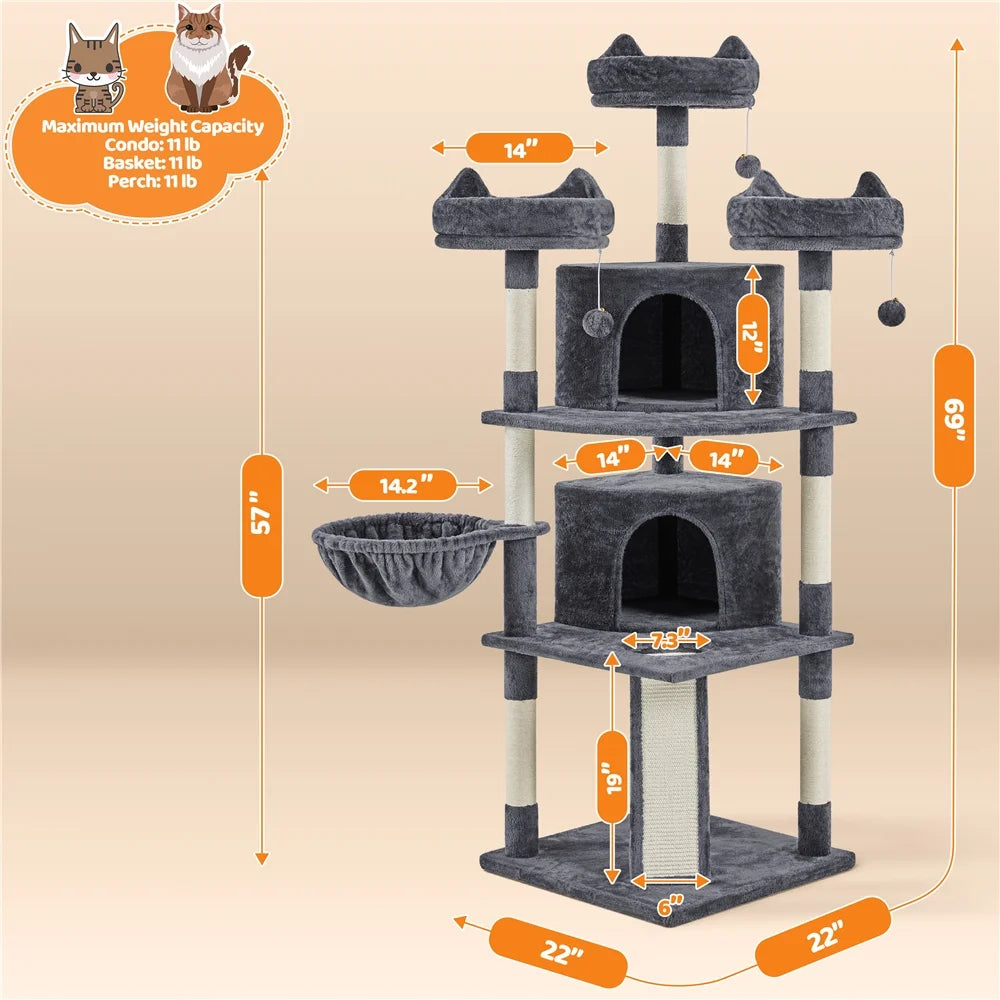Large Cat Tree Tower with Condos and Scratching Board - 69 Inches, Dark Gray