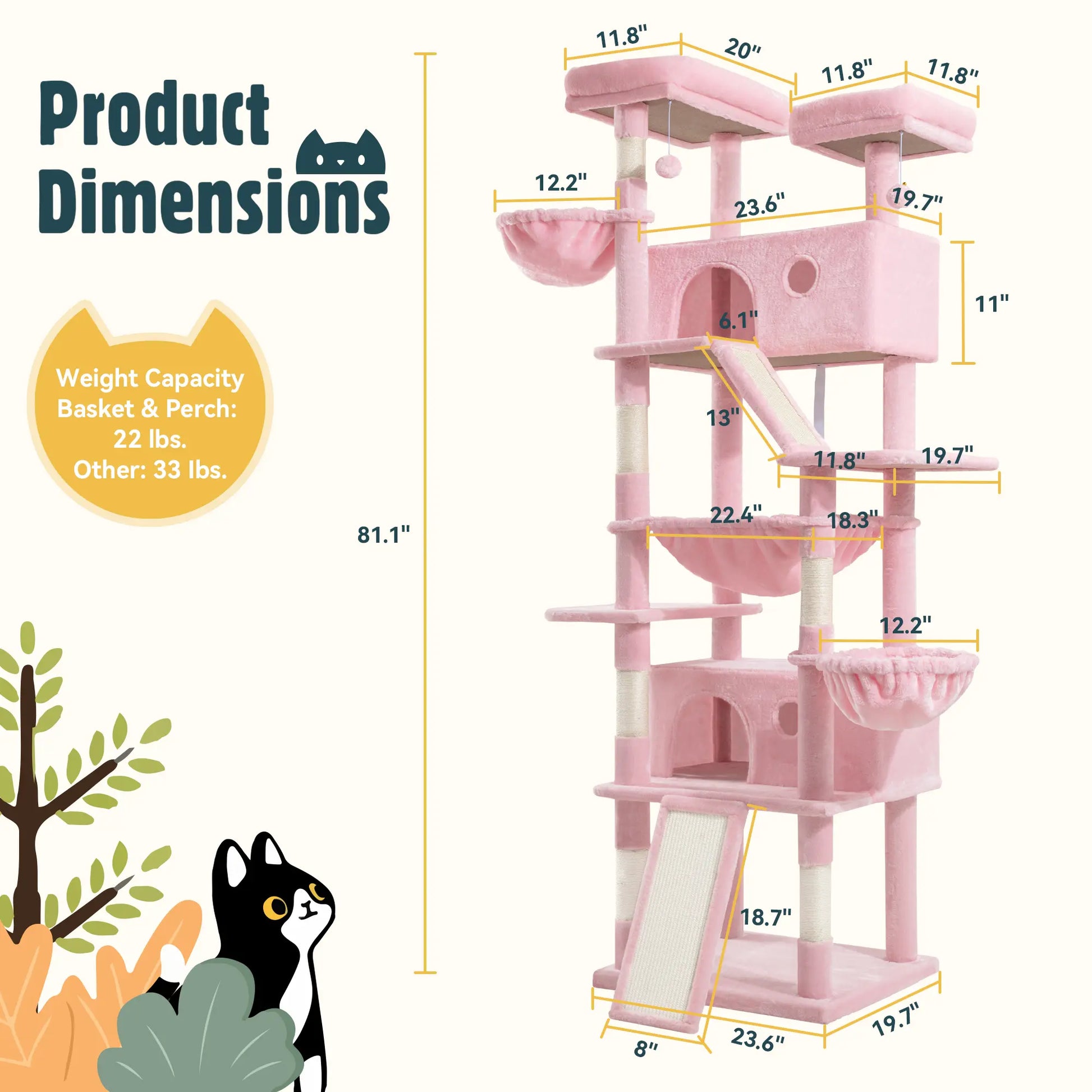 HOOMIC 81-Inch Large Cat Tree Tower - Multi-Level Climbing Structure with Condo, Hammock, and Scratching Post, Stable Base for Larger Cats, Available in Various Colors