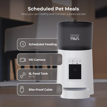 Penthouse Paws Smart HD Automatic Pet Feeder with 6L Capacity, 1080P Camera, Two-Way Audio, Scheduled Feeding, Backup Power, Easy to Clean, and Anti-Jam Design for Cats and Dogs - White
