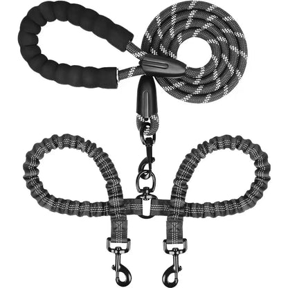 Pipidodo Dual Dog Leash with Shock Absorber and Tangle-Free 360° Swivel, Enhanced with Comfortable Padded Handle for No-Pull Walking of Two Dogs