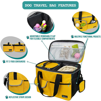Medium Dog Travel Bag with Food Storage Containers and Bowls, Yellow, 22L Capacity