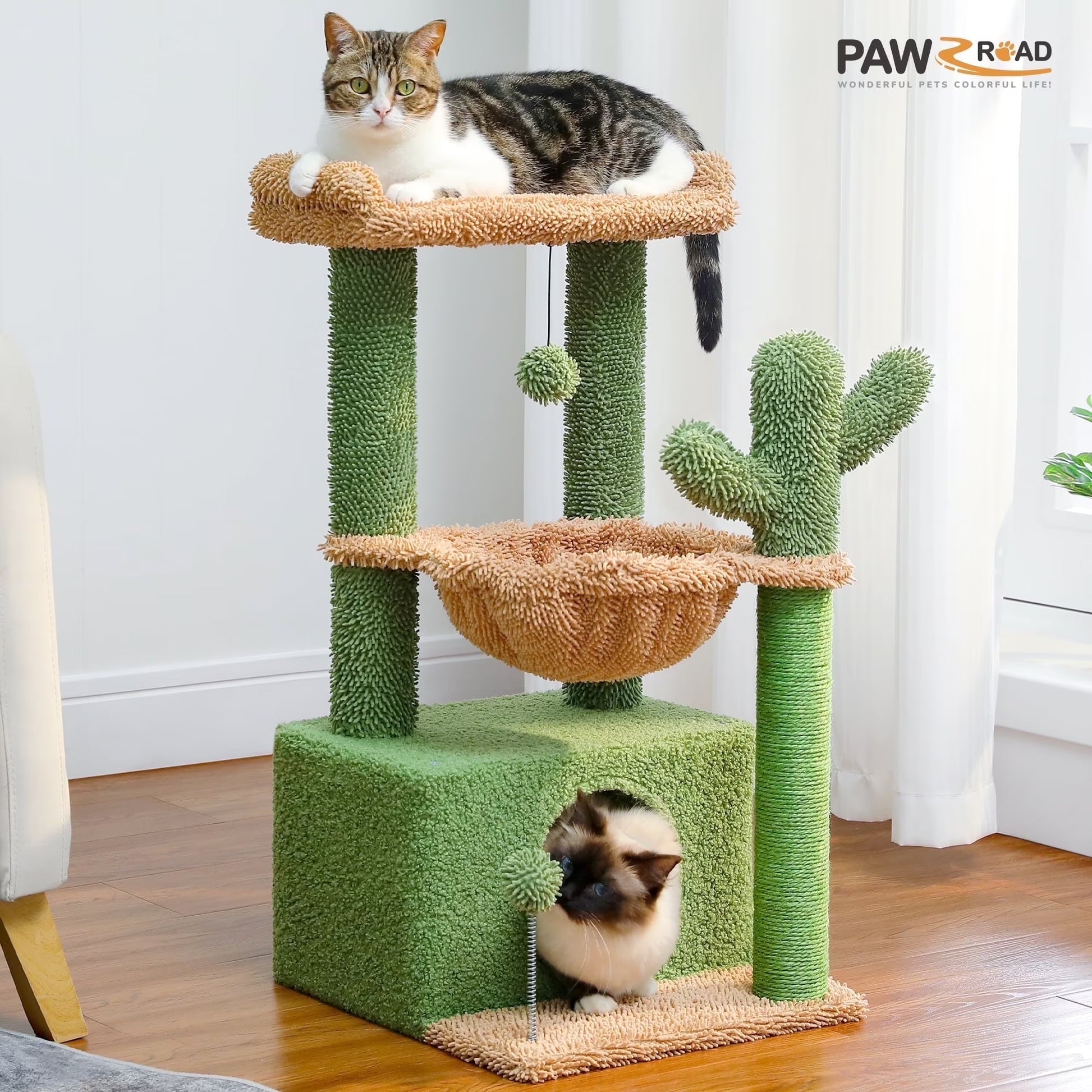 Cactus-Themed 33" Cat Tree with Scratching Posts, Spacious Top Perch, and Hammock for Medium Indoor Cats in Green