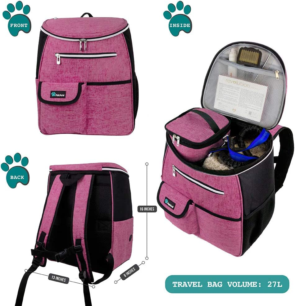 Airline-Approved Dog Travel Backpack with Food Container and Collapsible Bowls - Essential Camping and Hiking Accessories for Pet Owners, Pink