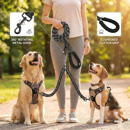 Pipidodo Dual Dog Leash with Shock Absorber and Tangle-Free 360° Swivel, Enhanced with Comfortable Padded Handle for No-Pull Walking of Two Dogs