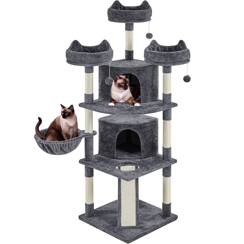 Large Cat Tree Tower with Condos and Scratching Board - 69 Inches, Dark Gray