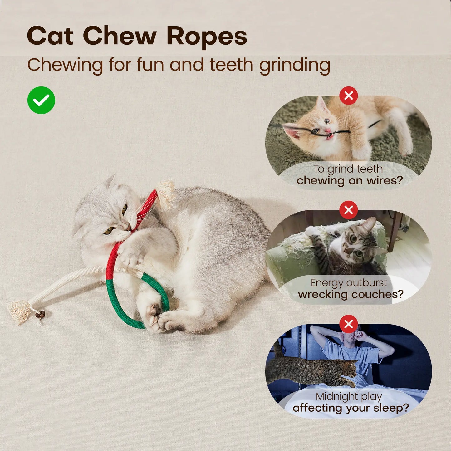 Potaroma 3-Piece Interactive Cat Chew Rope Toys for Safe Dental Care and Calming for Indoor Kittens