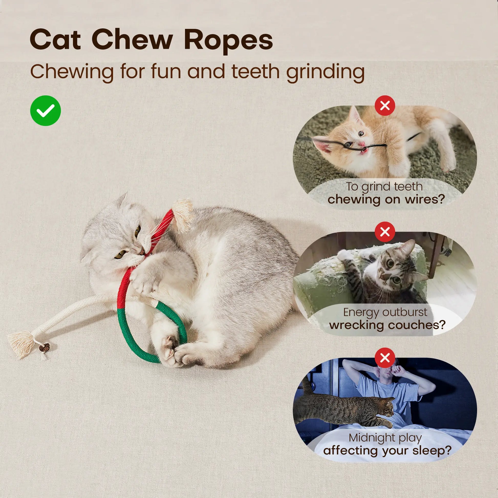 Potaroma 3-Piece Interactive Cat Chew Rope Toys for Safe Dental Care and Calming for Indoor Kittens