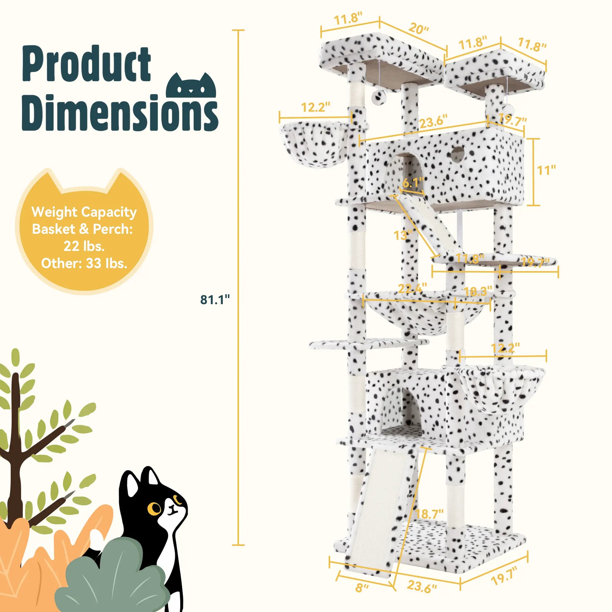 HOOMIC 81-Inch Large Cat Tree Tower - Multi-Level Climbing Structure with Condo, Hammock, and Scratching Post, Stable Base for Larger Cats, Available in Various Colors