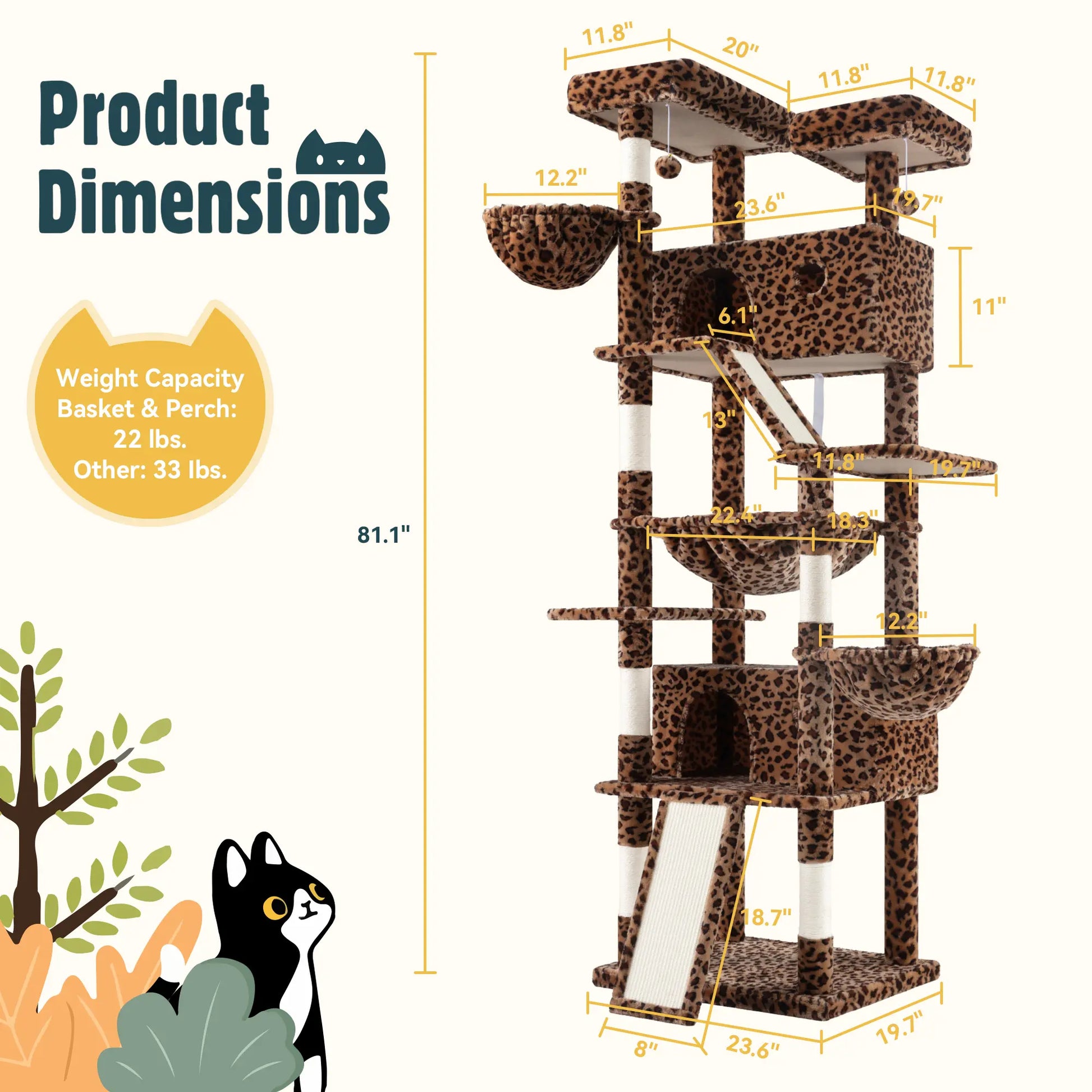 HOOMIC 81-Inch Large Cat Tree Tower - Multi-Level Climbing Structure with Condo, Hammock, and Scratching Post, Stable Base for Larger Cats, Available in Various Colors
