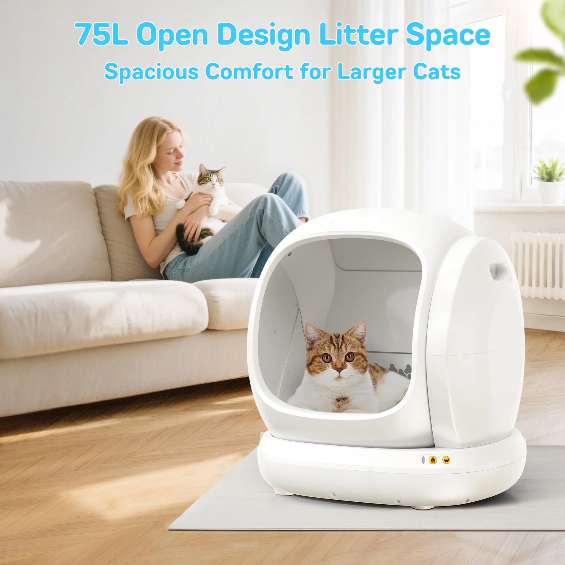 75L Smart Automatic Self-Cleaning Cat Litter Box with APP Control and Integrated Safety Features - White
