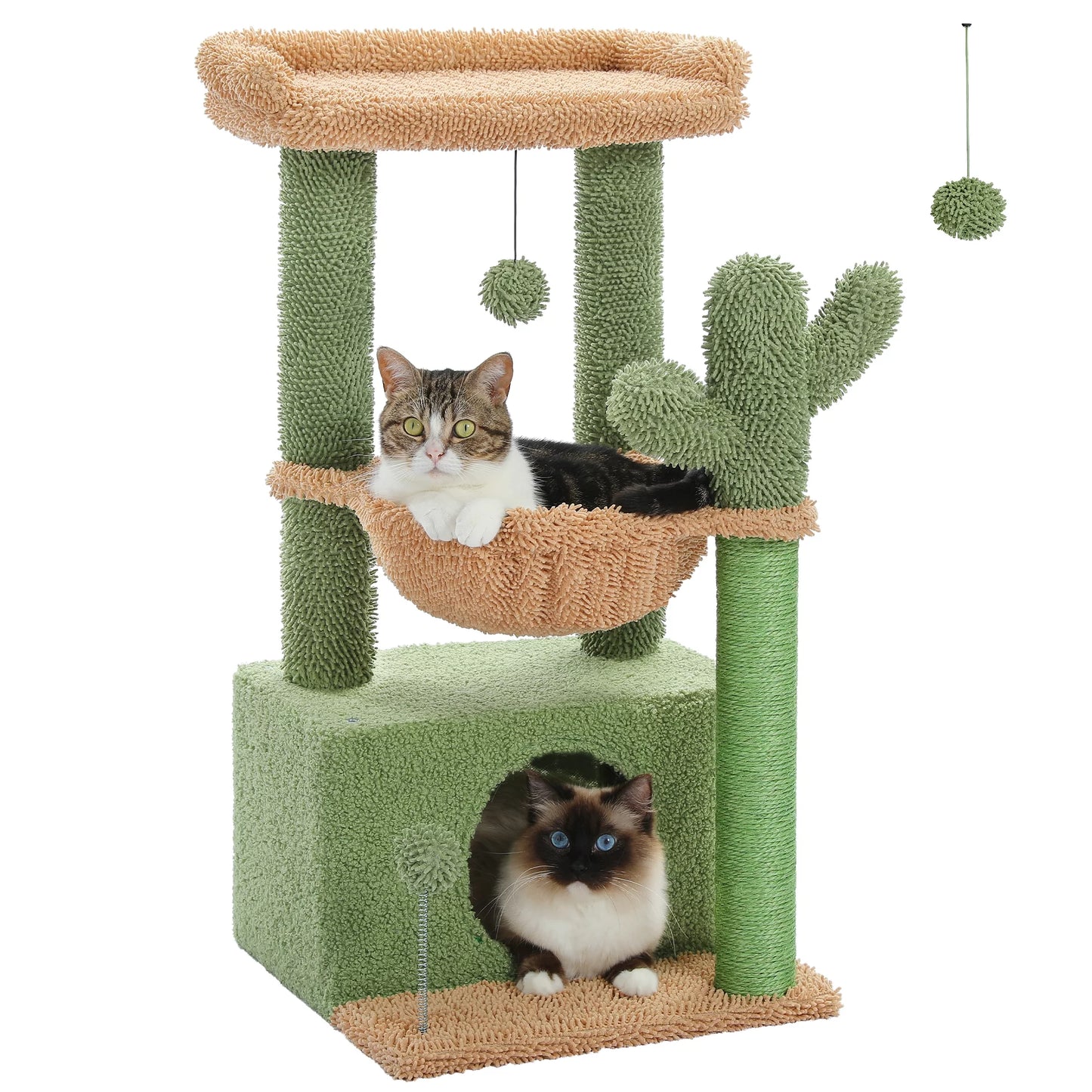 Cactus-Themed 33" Cat Tree with Scratching Posts, Spacious Top Perch, and Hammock for Medium Indoor Cats in Green
