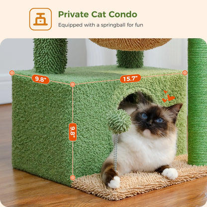 Cactus-Themed 33" Cat Tree with Scratching Posts, Spacious Top Perch, and Hammock for Medium Indoor Cats in Green