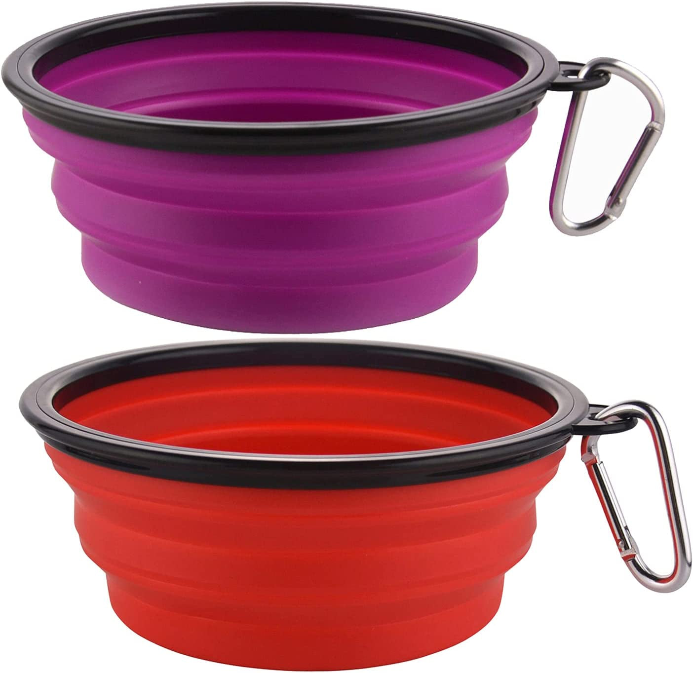 Large Collapsible Dog Bowls - 34oz Portable Travel Water and Food Dishes with Carabiner Clip, 2-Pack (Purple and Red)