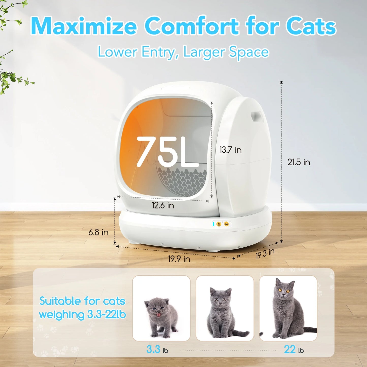 75L Smart Automatic Self-Cleaning Cat Litter Box with APP Control and Integrated Safety Features - White