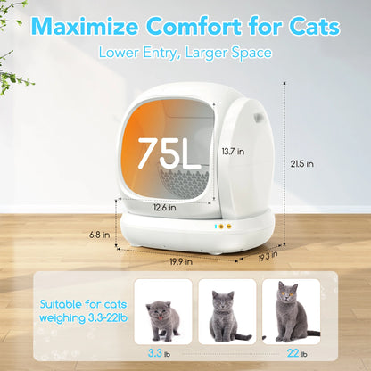 75L Smart Automatic Self-Cleaning Cat Litter Box with APP Control and Integrated Safety Features - White