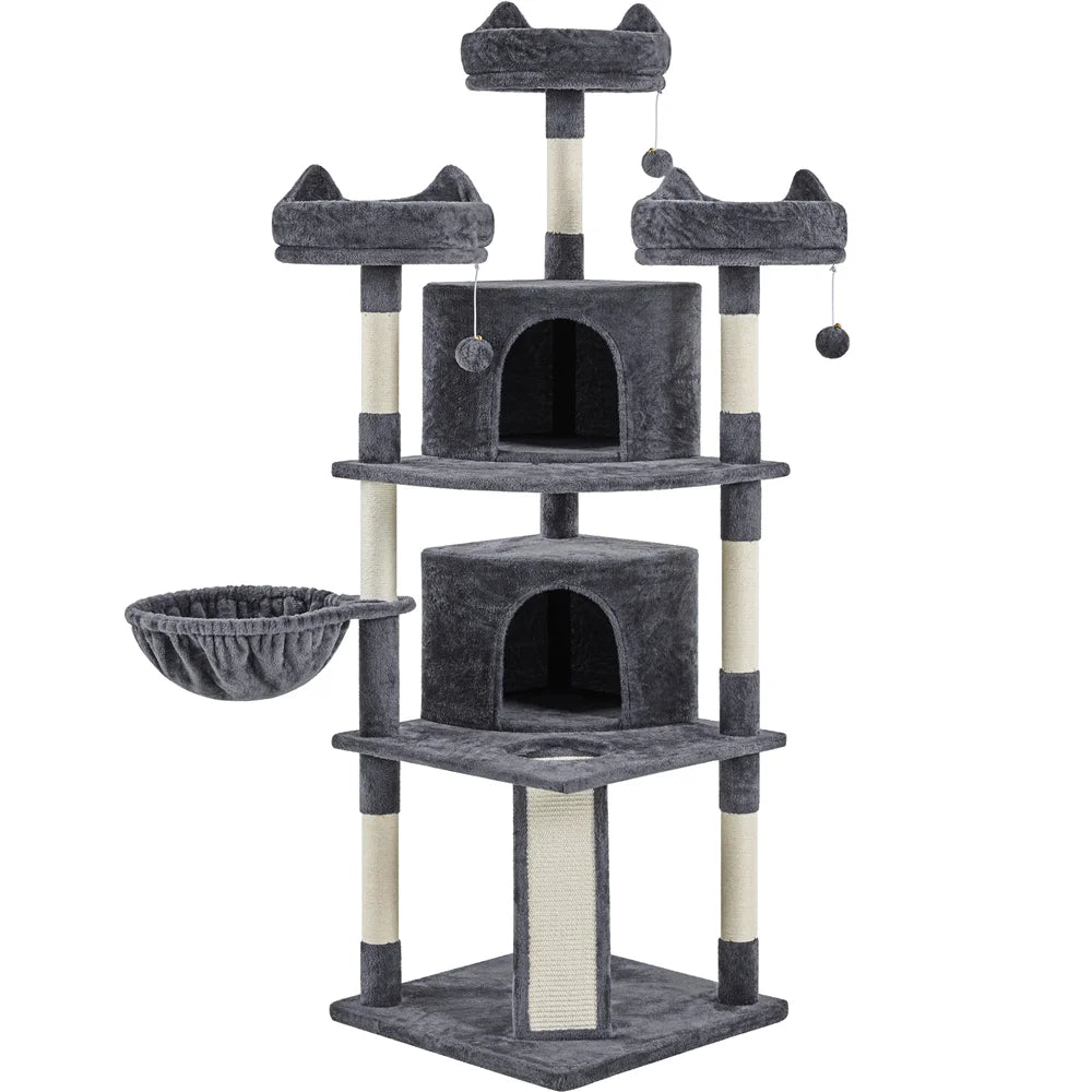 Large Cat Tree Tower with Condos and Scratching Board - 69 Inches, Dark Gray