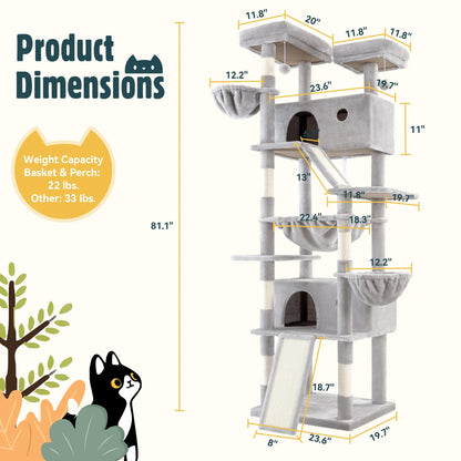 HOOMIC 81-Inch Large Cat Tree Tower - Multi-Level Climbing Structure with Condo, Hammock, and Scratching Post, Stable Base for Larger Cats, Available in Various Colors