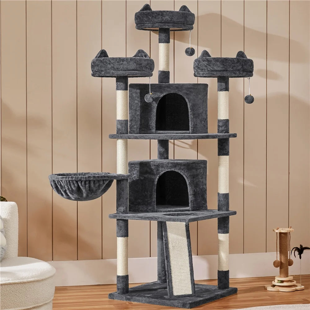 Large Cat Tree Tower with Condos and Scratching Board - 69 Inches, Dark Gray