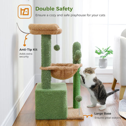 Cactus-Themed 33" Cat Tree with Scratching Posts, Spacious Top Perch, and Hammock for Medium Indoor Cats in Green