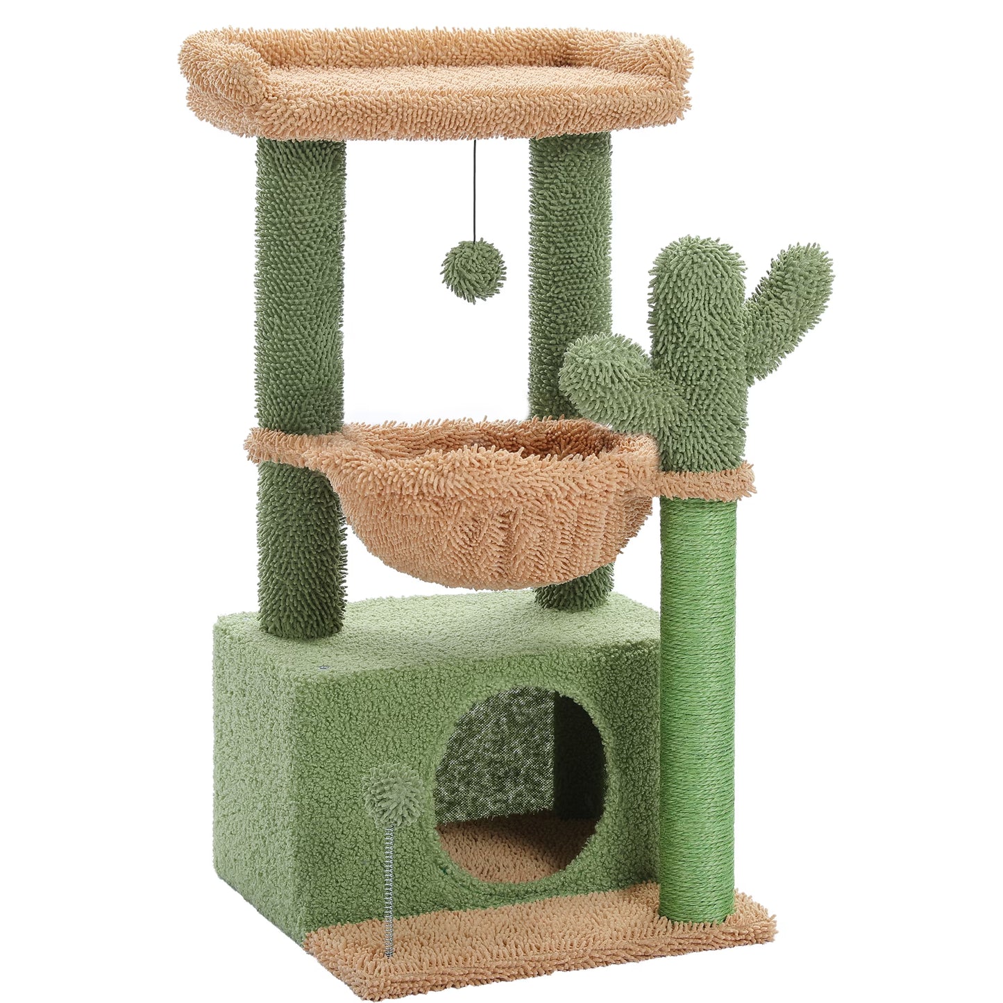 Cactus-Themed 33" Cat Tree with Scratching Posts, Spacious Top Perch, and Hammock for Medium Indoor Cats in Green