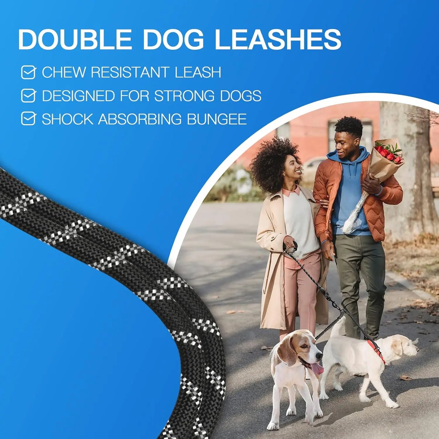 Pipidodo Dual Dog Leash with Shock Absorber and Tangle-Free 360° Swivel, Enhanced with Comfortable Padded Handle for No-Pull Walking of Two Dogs