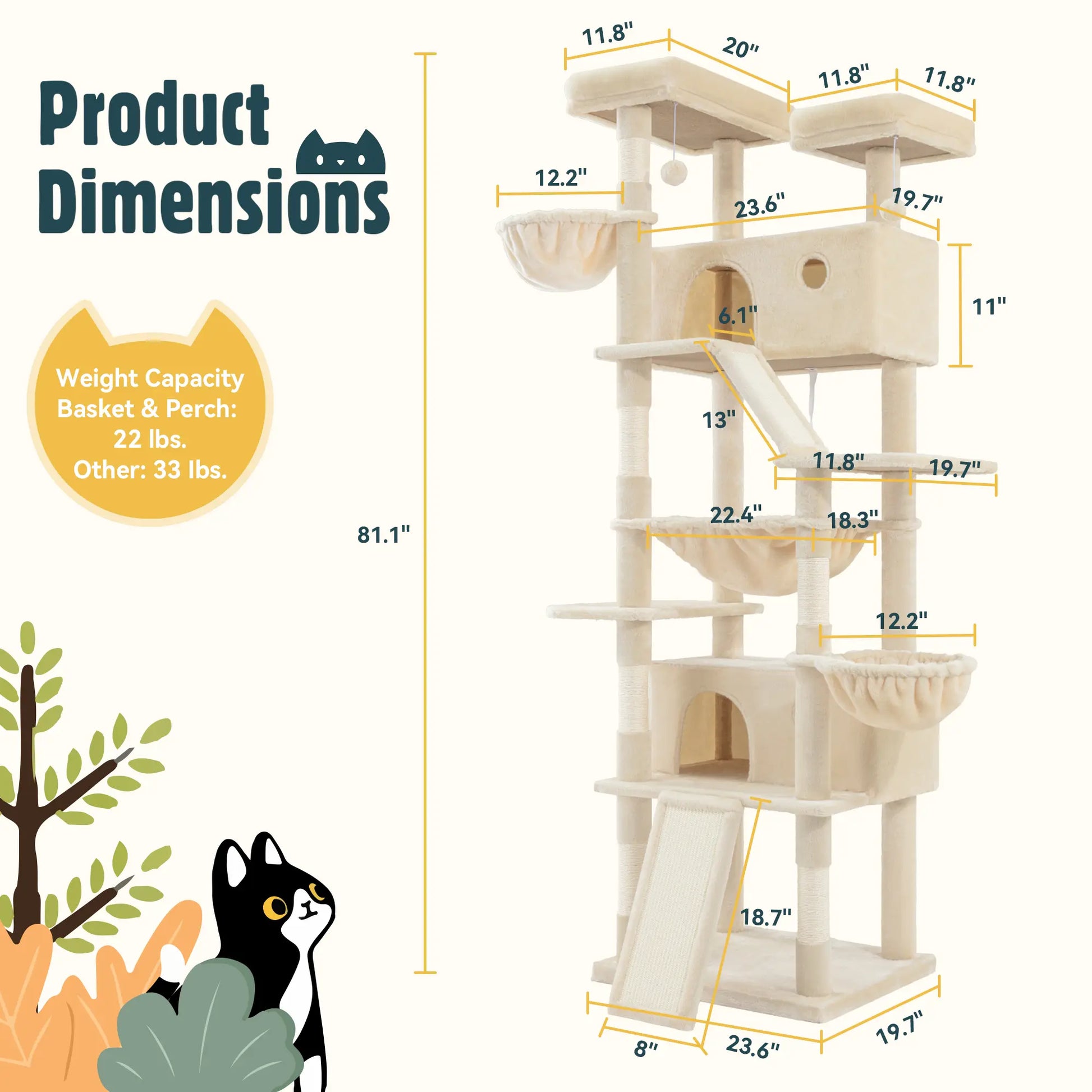 HOOMIC 81-Inch Large Cat Tree Tower - Multi-Level Climbing Structure with Condo, Hammock, and Scratching Post, Stable Base for Larger Cats, Available in Various Colors
