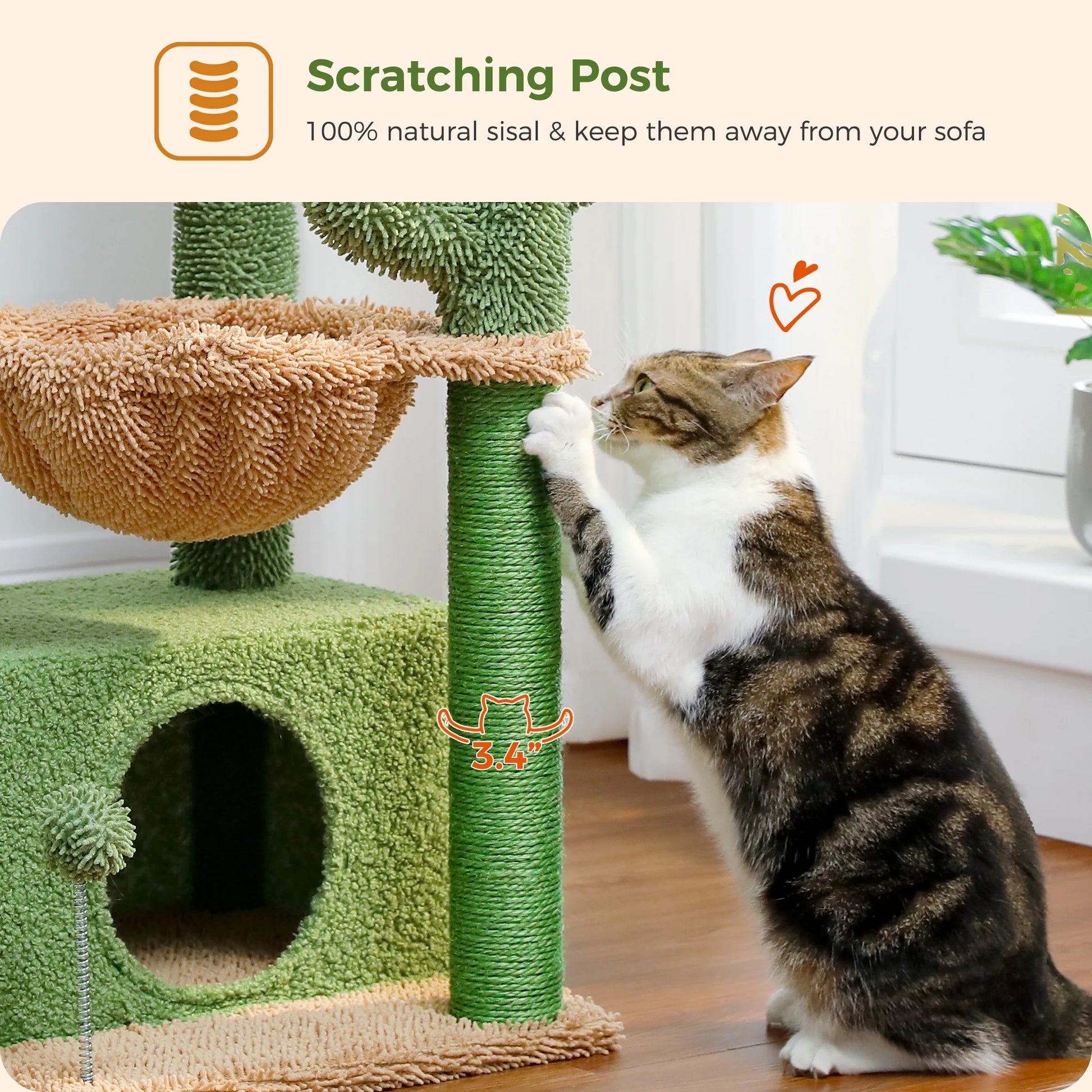 Cactus-Themed 33" Cat Tree with Scratching Posts, Spacious Top Perch, and Hammock for Medium Indoor Cats in Green