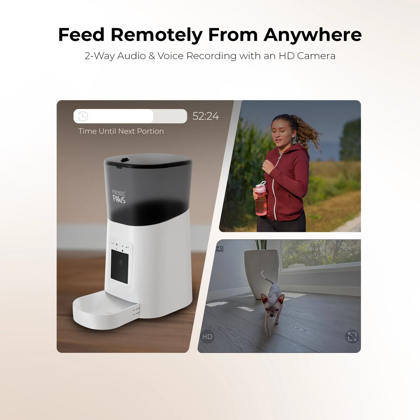 Penthouse Paws Smart HD Automatic Pet Feeder with 6L Capacity, 1080P Camera, Two-Way Audio, Scheduled Feeding, Backup Power, Easy to Clean, and Anti-Jam Design for Cats and Dogs - White
