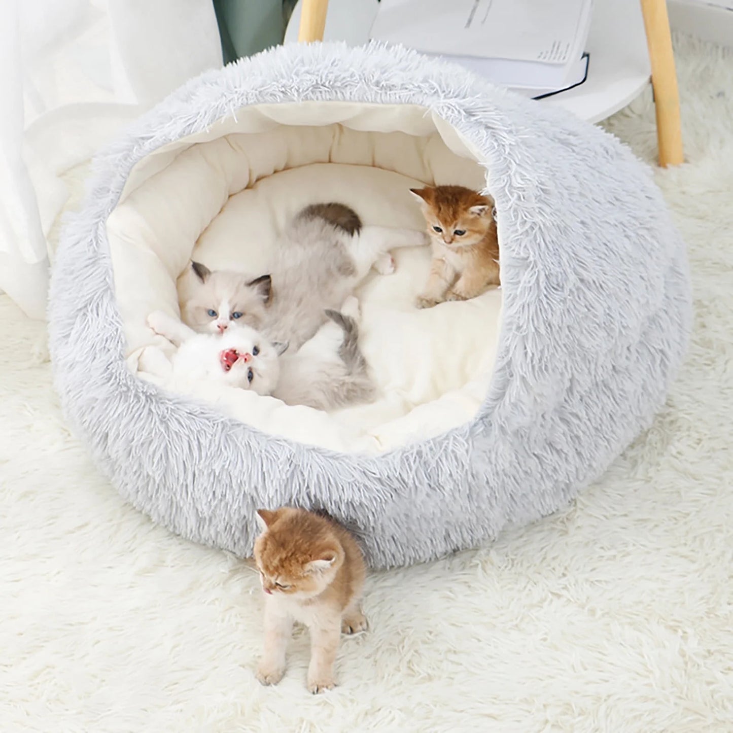 Calming Hooded Pet Bed for Dogs and Cats, Removable and Washable Round Design, Anti-Slip Faux Fur for Enhanced Comfort, Suitable for Small to Medium Pets up to 11 lbs