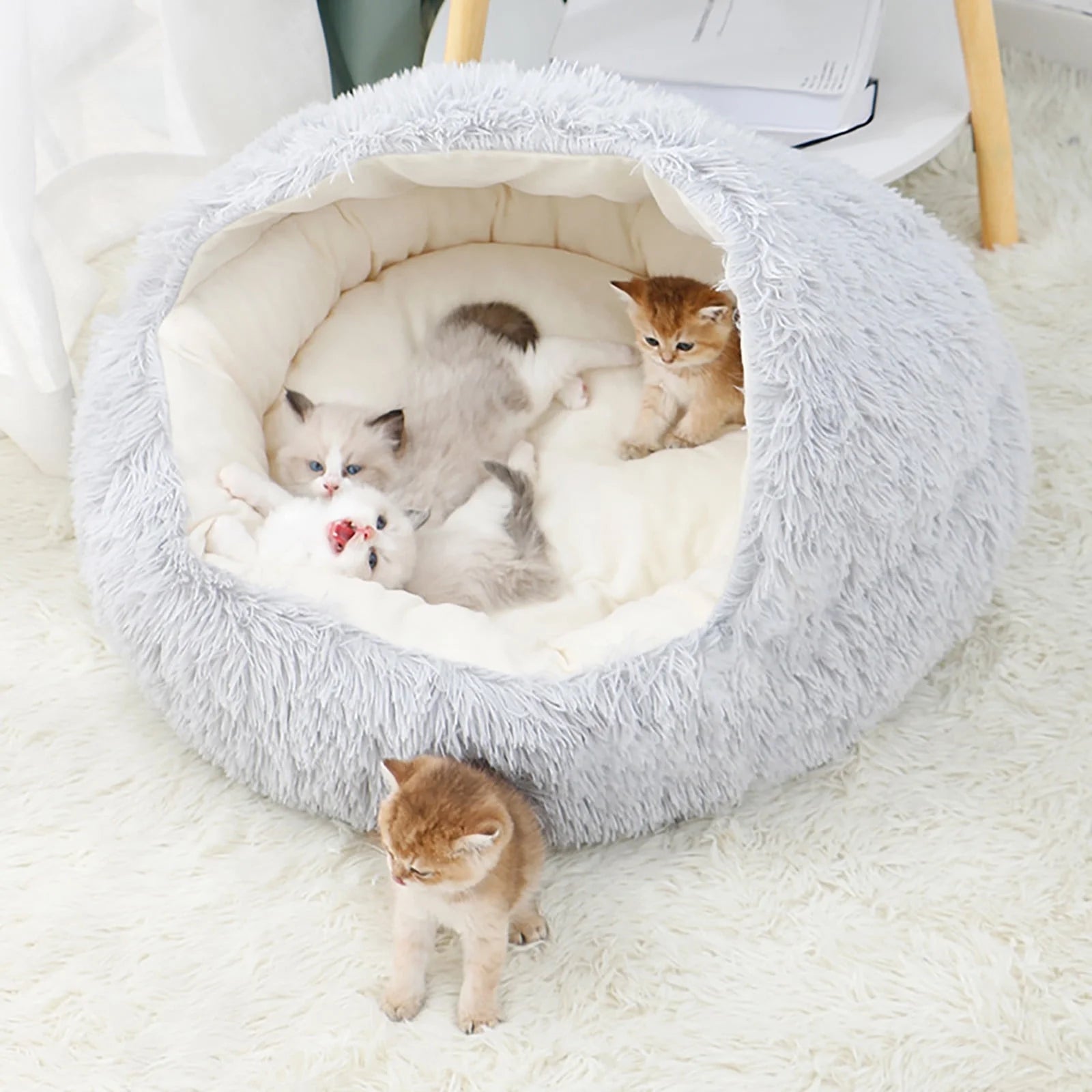 Calming Hooded Pet Bed for Dogs and Cats, Removable and Washable Round Design, Anti-Slip Faux Fur for Enhanced Comfort, Suitable for Small to Medium Pets up to 11 lbs