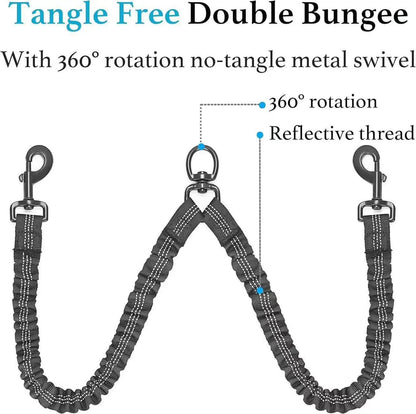 Pipidodo Dual Dog Leash with Shock Absorber and Tangle-Free 360° Swivel, Enhanced with Comfortable Padded Handle for No-Pull Walking of Two Dogs