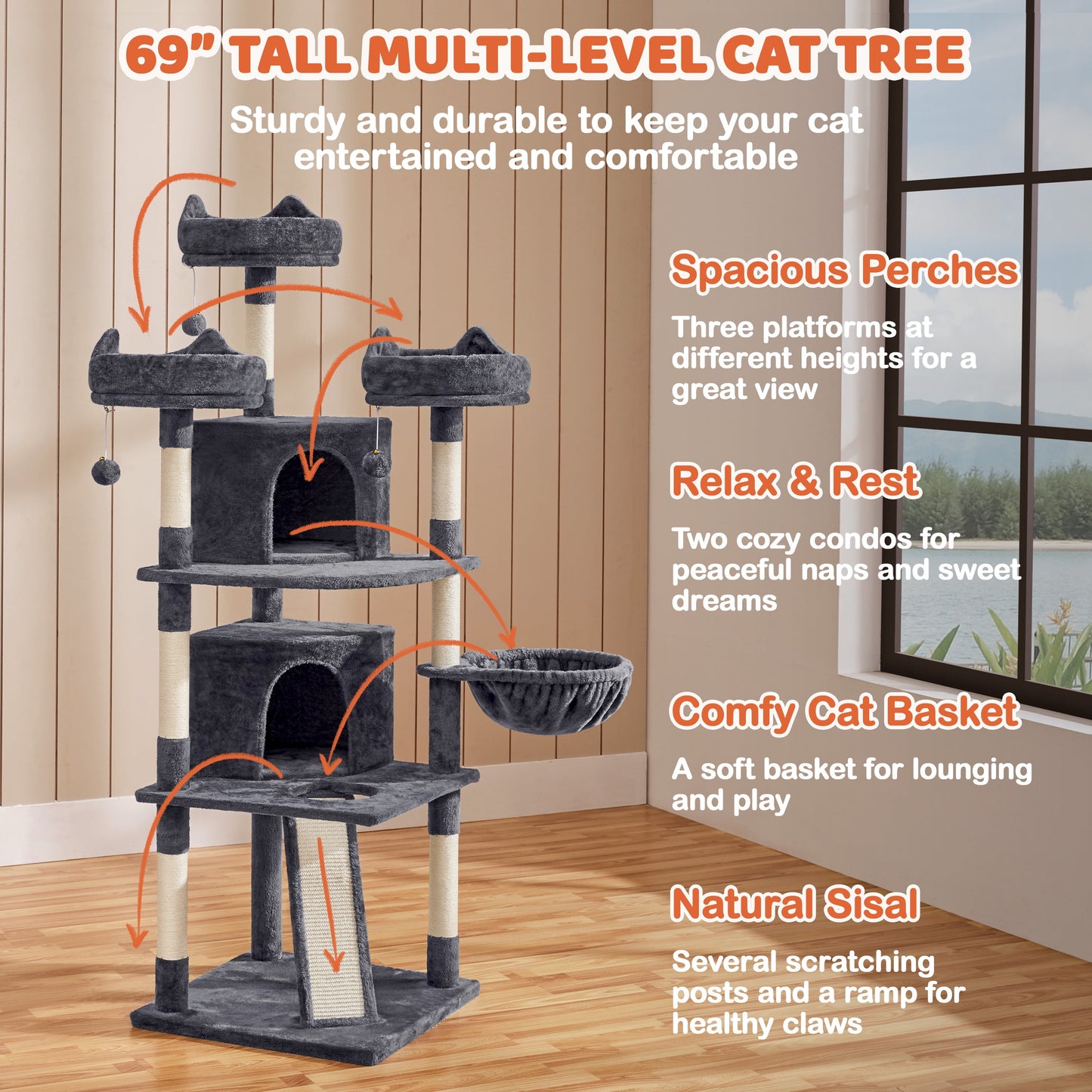 Large Cat Tree Tower with Condos and Scratching Board - 69 Inches, Dark Gray