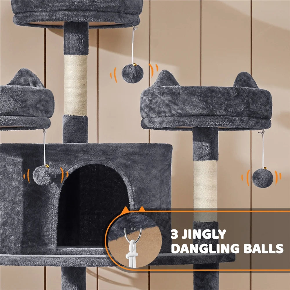 Large Cat Tree Tower with Condos and Scratching Board - 69 Inches, Dark Gray