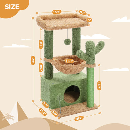 Cactus-Themed 33" Cat Tree with Scratching Posts, Spacious Top Perch, and Hammock for Medium Indoor Cats in Green