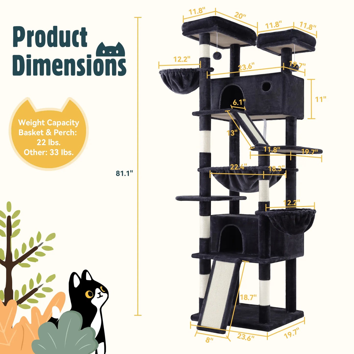 HOOMIC 81-Inch Large Cat Tree Tower - Multi-Level Climbing Structure with Condo, Hammock, and Scratching Post, Stable Base for Larger Cats, Available in Various Colors